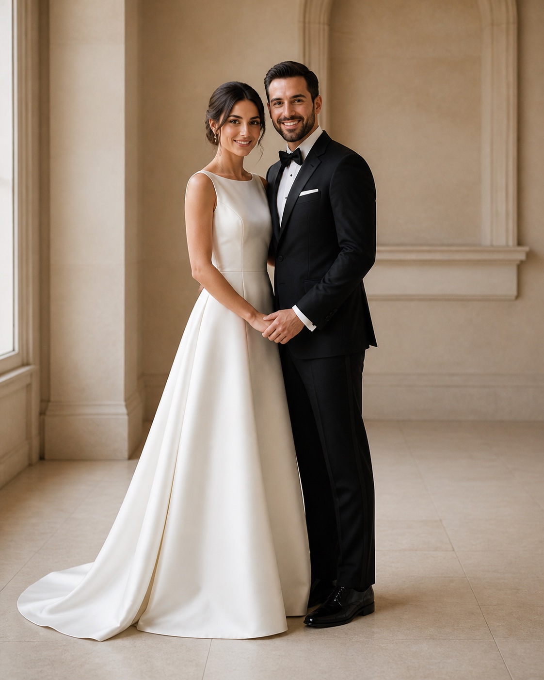 Bride and groom standing close together in a classic full-length portrait, bodies angled inward and hands gently joined.