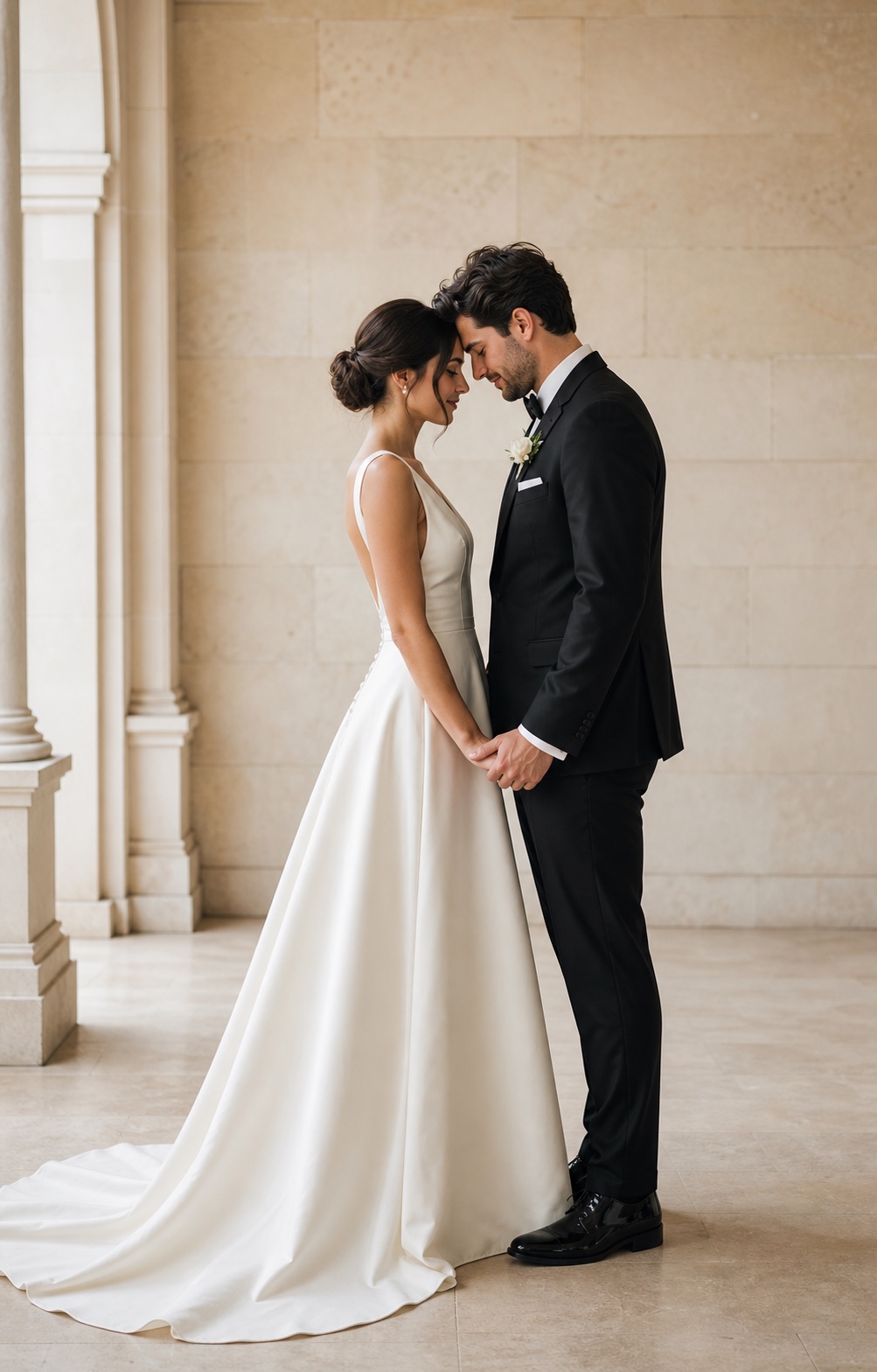 Bride and groom facing each other with their foreheads touching in a soft, intimate pose.