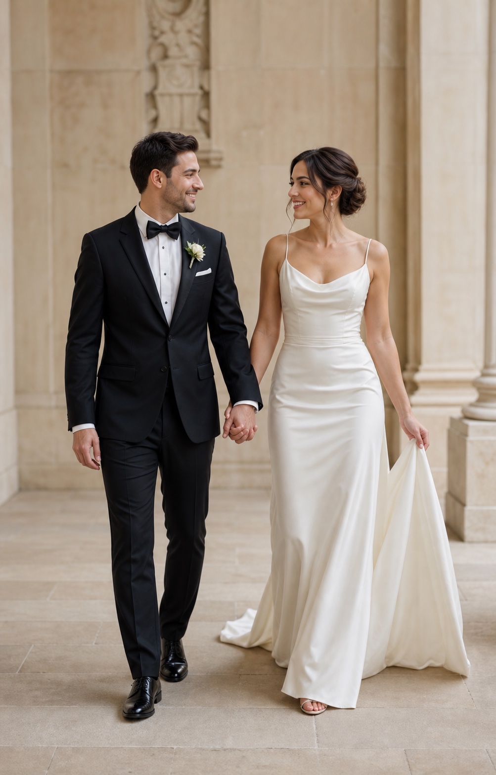 Bride and groom walking hand in hand while smiling at each other, with natural movement in their clothing.