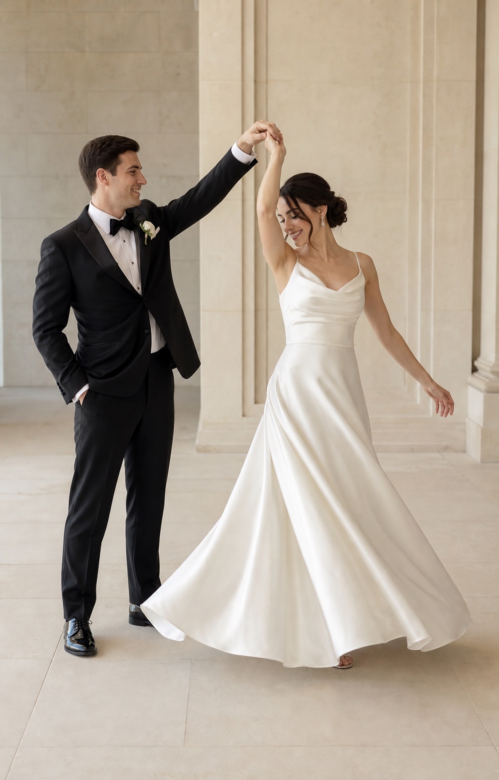 Groom guiding the bride through a gentle twirl as her wedding dress flows around her.