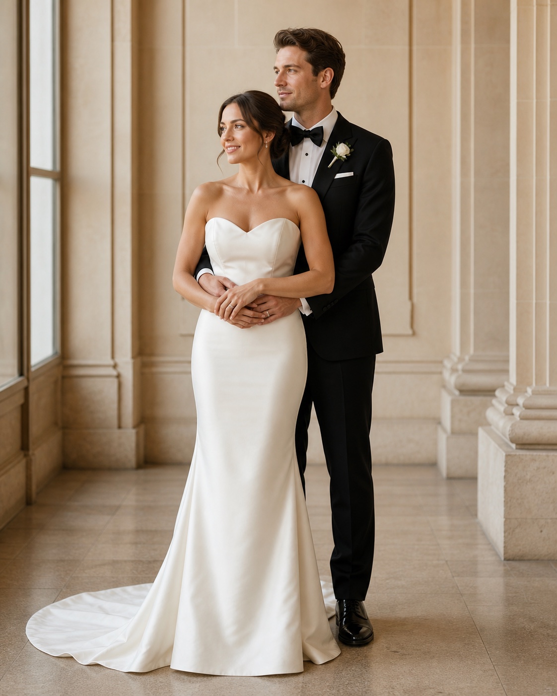 Groom embracing the bride from behind at the waist as the couple looks softly into the distance.